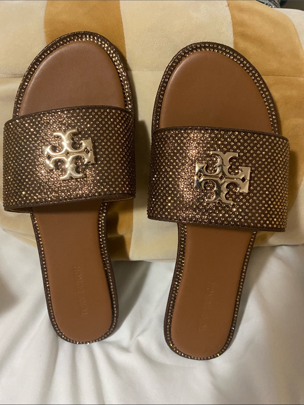 Tory Burch Metallic Bronze Logo Slide Sandals